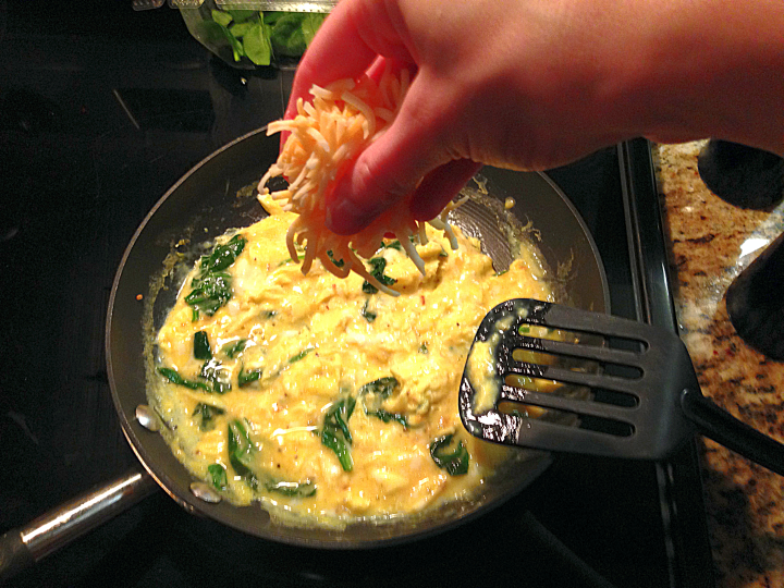 Add cheese at halfway scrambled point for Baby Barnaby's Green Eggs