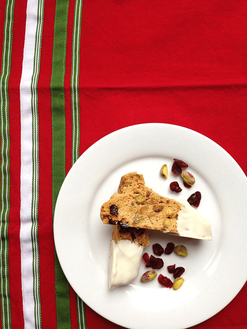 White Chocolate Dipped Cranberry Pistachio Biscotti by Bunny Baubles Blog