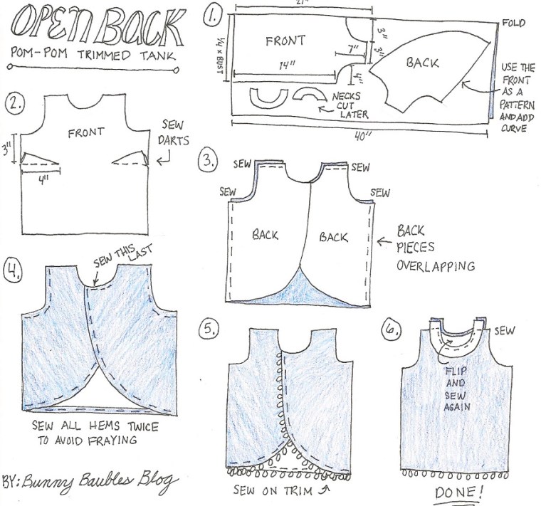Open Back Tank with Pom Pom Trim Sewing Pattern Instructions